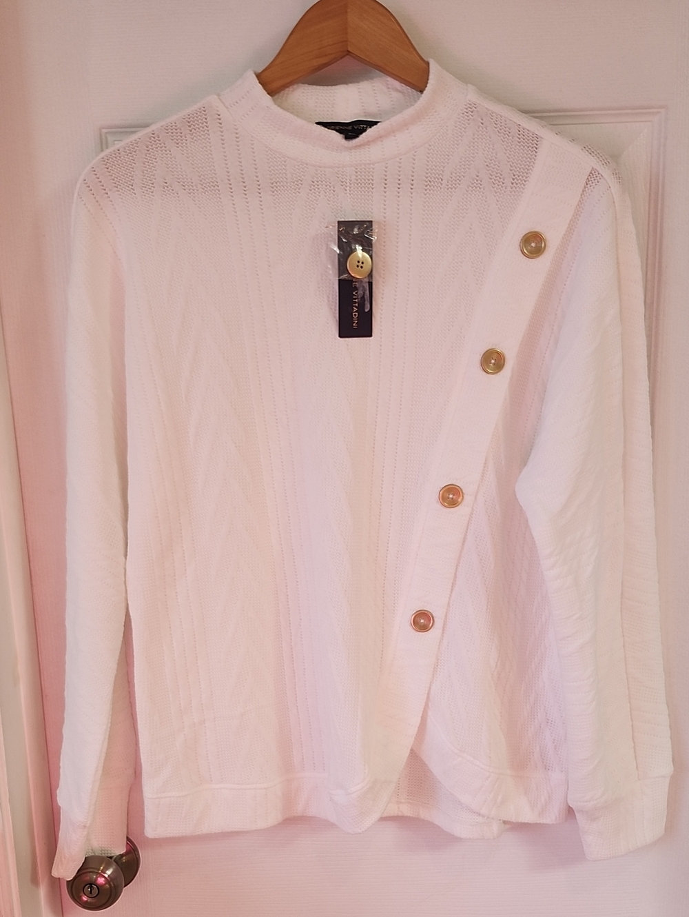 Adrienne Vittadini White Crewneck Sweater with Diagonal Gold Buttons